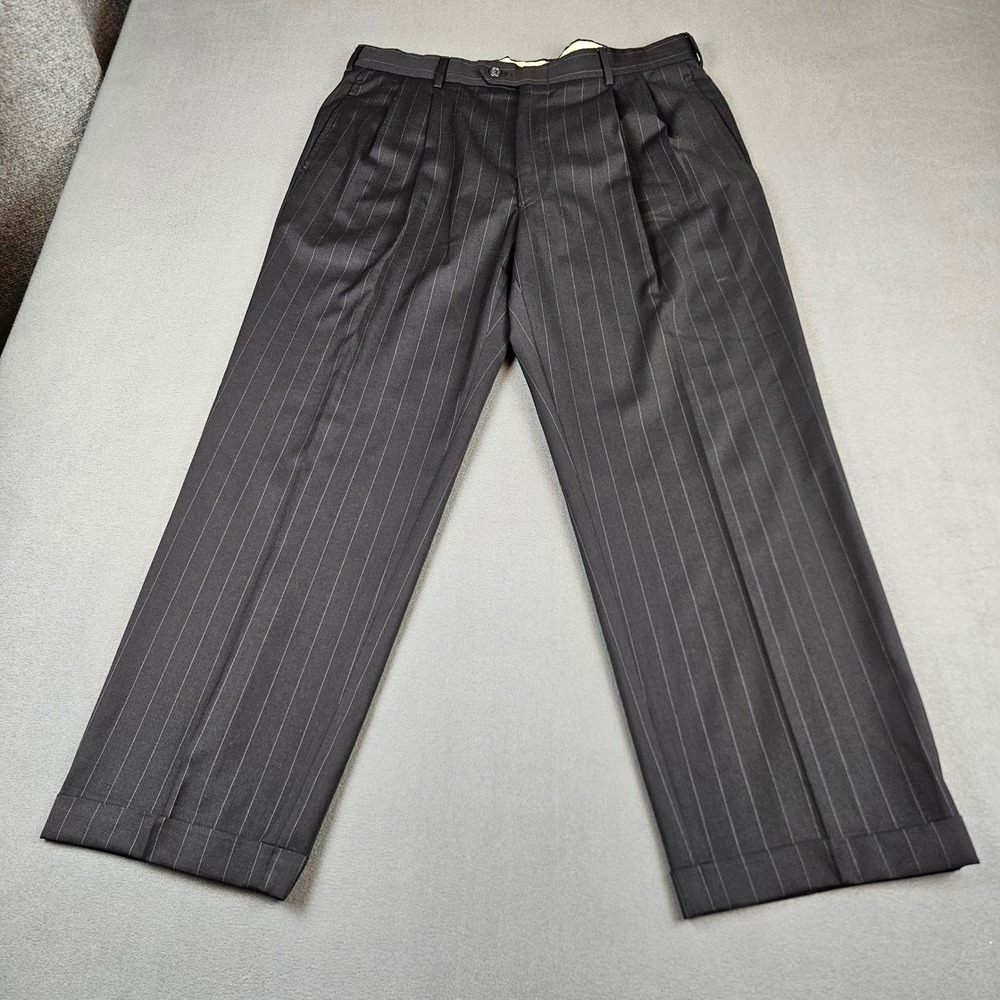 Jos A Bank Mens Wool Pinstripe Pleated Dress Pants Cuffed 36x28 Gray USA